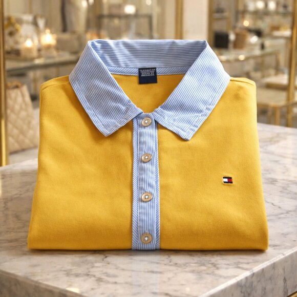 Tommy Hilfiger Mustard Yellow Polo - Golf Shirt XS NWT Pinstripe Collar Preppy - Picture 4 of 9